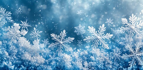 Delicate white snowflakes falling on icy blue background winter cold