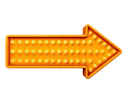 Bright yellow arrow sign with glowing light bulbs, isolated on transparent background, retro style, illuminated direction symbol, cheerful and eye catching for decoration or signage