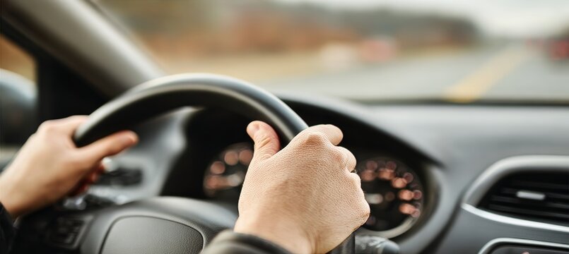 Person Steering a Car on a Scenic Route, Emphasizing Travel Freedom and Safe Driving Practices