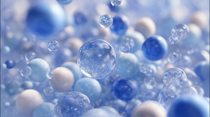 Close-Up of Floating Transparent Blue Purple Droplets with Light Blue and White Spheres, Abstract Style with Glass Balls