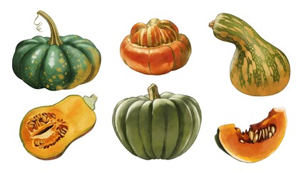 Colorful variety of gourds and squash displayed on a white background during autumn harvest season