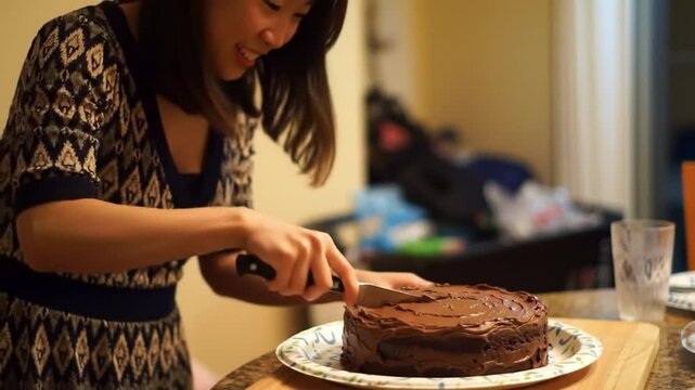 Woman joyfully slicing a chocolate cake in a cozy kitchen with casual items in the background