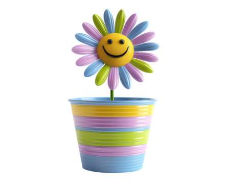 Colorful smiling flower with cheerful face in striped pastel pot, isolated on transparency background, evokes happiness and playful mood, perfect for children or spring decor