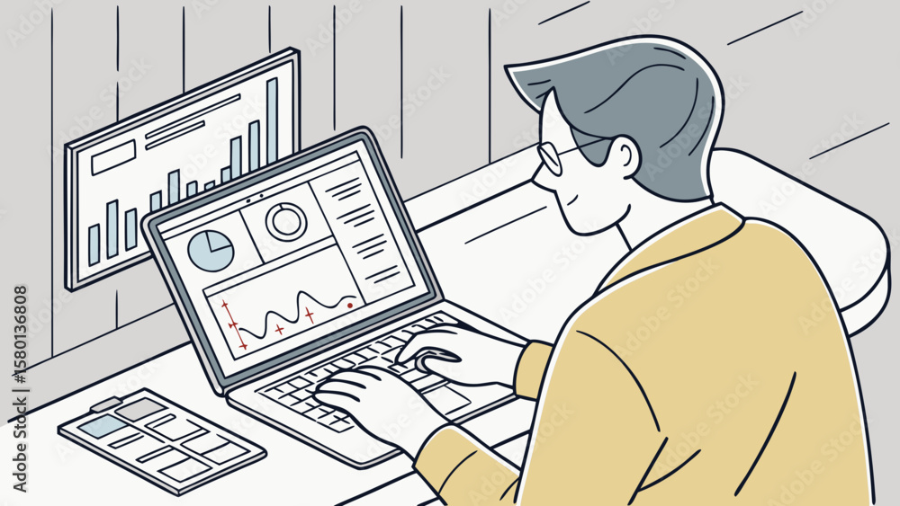 Poster man analyzing business data on laptop with charts and graphs for financial analysis and reporting in