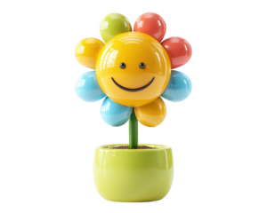 Cheerful smiling flower with colorful petals in glossy yellow and green pot, isolated on transparency background, radiating happiness and playful charm, perfect for children decor