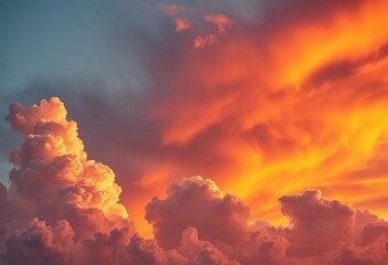 Fototapeta premium Sunset's fiery hues paint fluffy cumulus clouds, a breathtaking close-up, abstract, weather