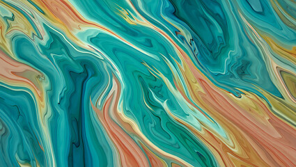 Obraz premium Swirling Teal Coral Gold Abstract Flow background fluid