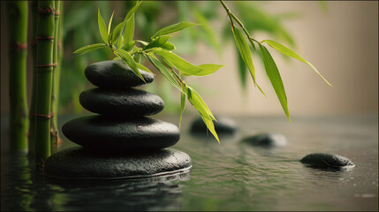 a zen-inspired spa scene featuring a tower of balanced stones with bamboo stalks and leaves, representing a sense of peace and balance