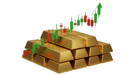 3D Gold Bullion Stack with Stock Market Growth Chart on Transparent Background