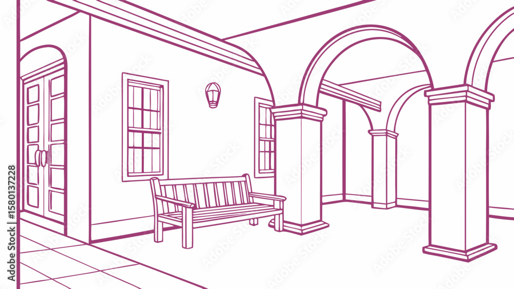 Poster illustration of building facade with columns arches bench and windows in line art style architecture