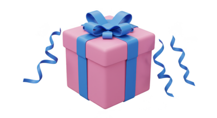 3D Pink Gift Box with Blue Ribbon Isolated Transparent Background