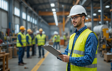 Engineers and Factory Workers in Safety Helmets Inspecting Production Line, One Taking Notes on Clipboard in Warmly Lit Modern Manufacturing Environment

