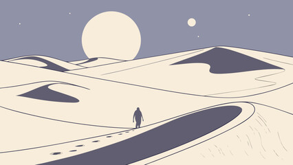 Desert landscape illustration with man walking under the moon and stars vector art design image
