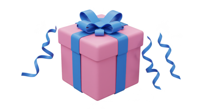 3D Pink Gift Box with Blue Ribbon Isolated Transparent Background - Powered by Adobe
