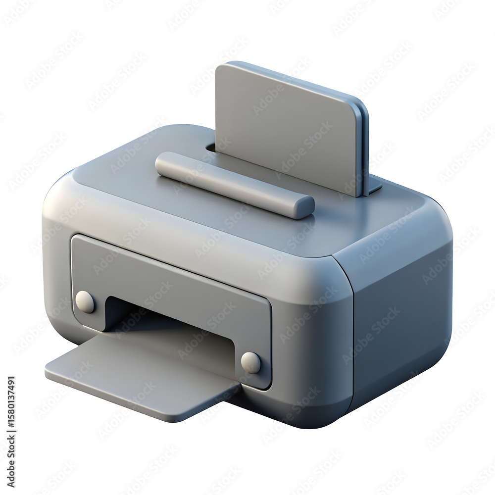 Poster modern gray 3d printer icon with paper feed and output tray isolated on transparent background