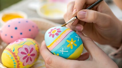 Painted Easter eggs held in hand with colorful spring decorations
