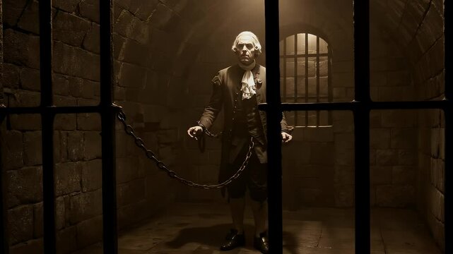Pale Man Shackled in Dark Prison Cell Gothic Setting with Dim Lighting Historical Captivity and Spectral Figure