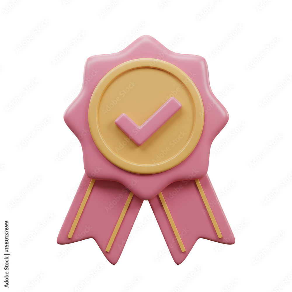 Poster 3d render badge with pink ribbon check mark isolated transparent