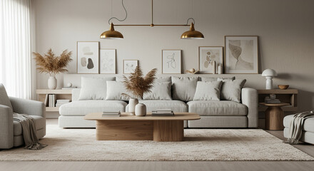 Modern Living Room with Neutral Tones, Abstract Art, and Cozy Textiles