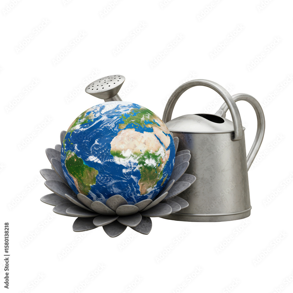 Poster 3d render earth globe in flower with watering can environment