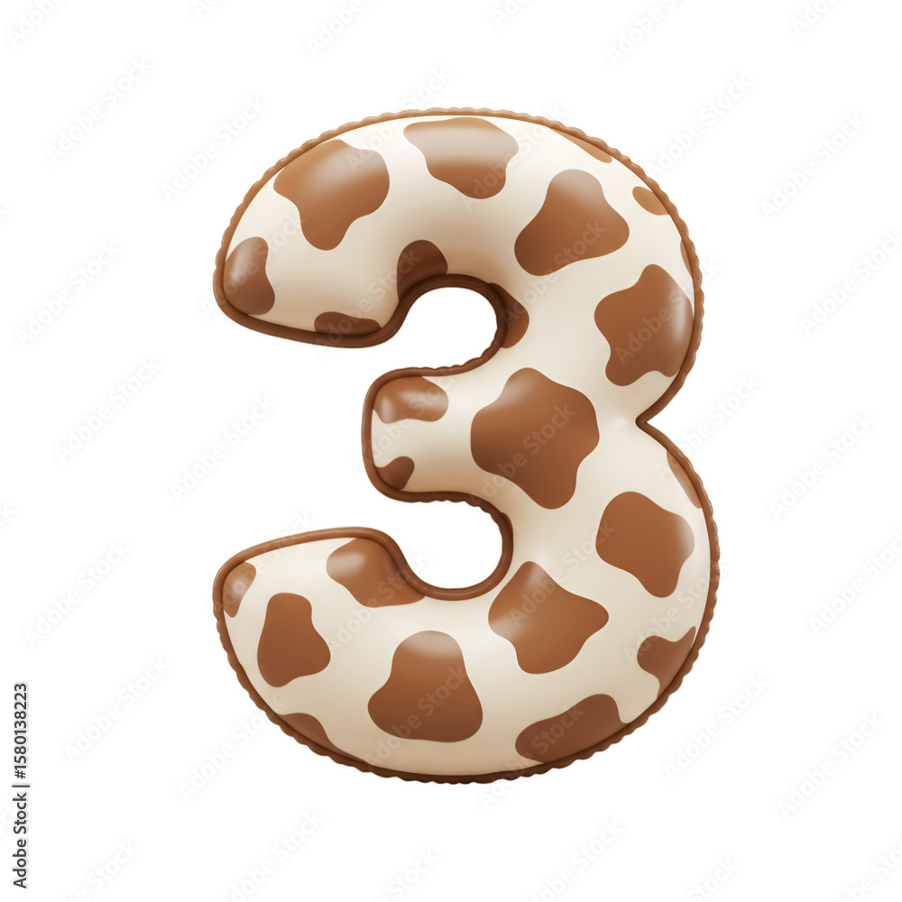 Poster 3d illustration numerical three with cow pattern isolated background