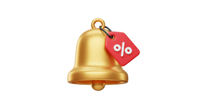 3D Render Golden Bell with Percentage Tag Sale Discount Offer