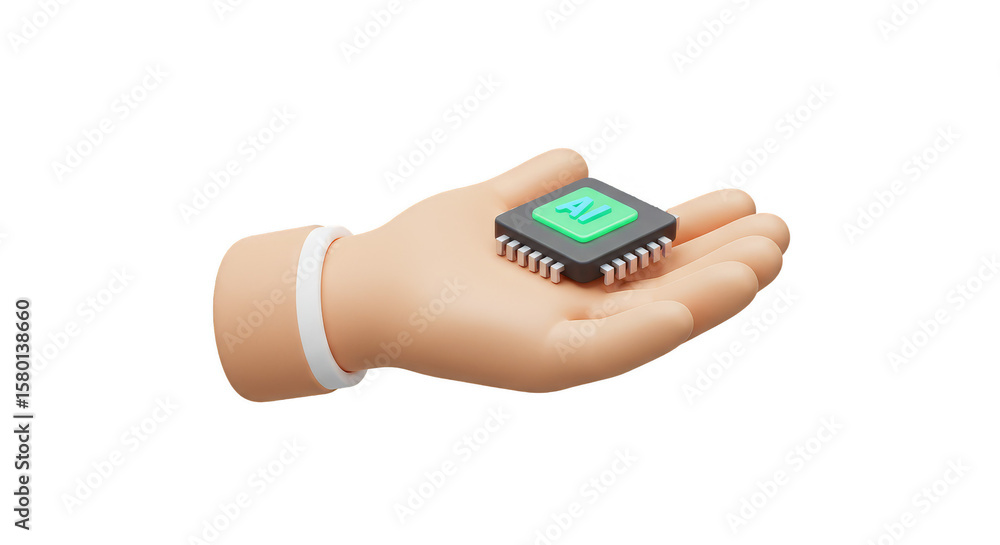 Poster 3d render hand holds microchip technology on transparent background
