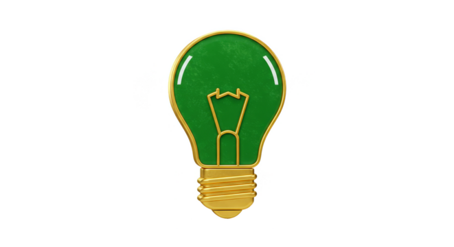 3D Green Lightbulb Idea with Gold Texture on Transparent Background