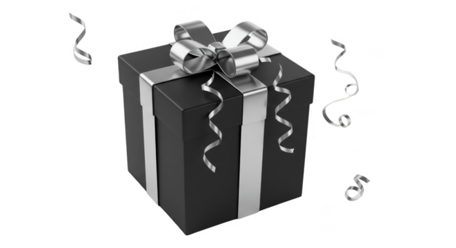 3D Render Black Gift Box with Silver Ribbon Party Surprise