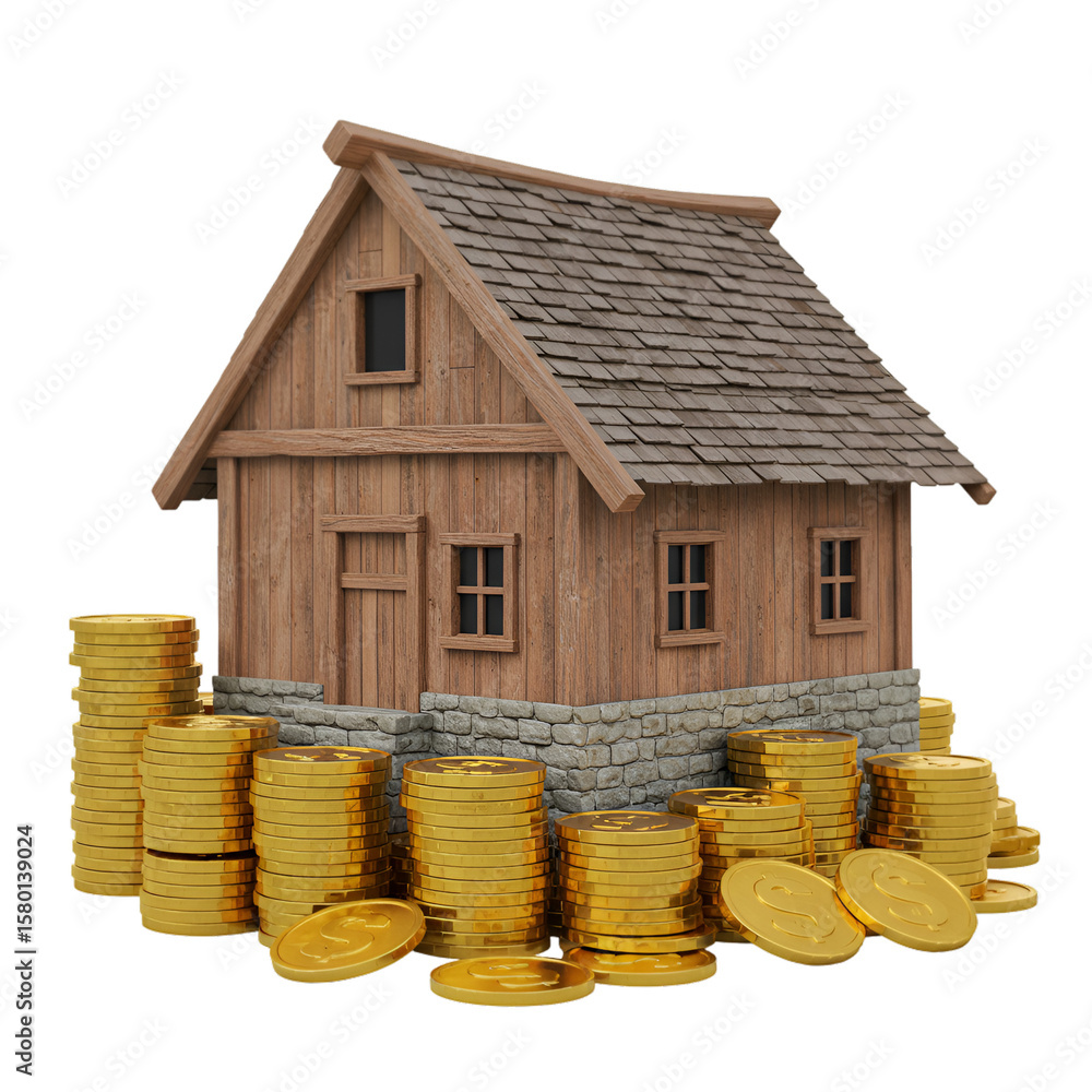 Poster 3d render of house with gold coins stack in transparent background