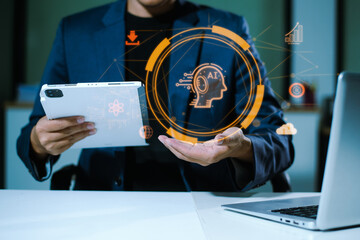 man hand with cupped hands under a glowing AI interface surrounded by futuristic tech icons. Ideal...