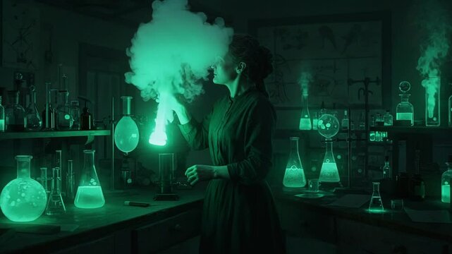Scientist in laboratory with glowing green experiments