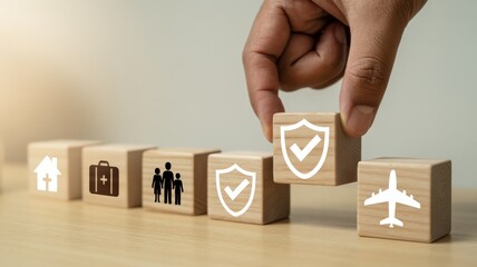 Protecting Your Future Illustrated Insurance Concept with Wooden Blocks and Key Coverage Symbols