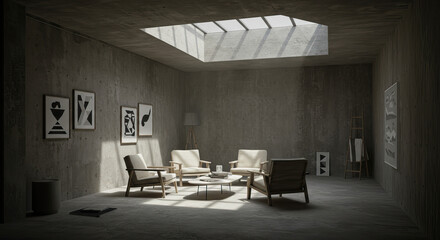 A modern minimalist living room with raw concrete walls and natural light