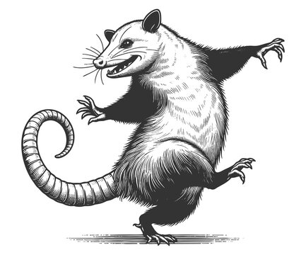 Dancing Opossum sketch engraving generative ai fictional character raster illustration. Scratch board imitation. Black and white image.