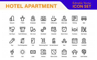 Hotel apartment icons set. Rental property icons. Set of hotel booking, five-star hotel, service line vector web icon.Hotel universal set with Building, Parking,  Meal, Air conditioner.