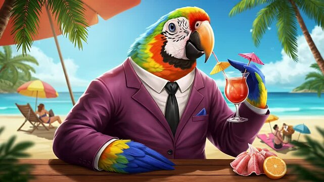 Pixelated Parrot in Purple Suit Sipping Cocktail at Beach Bar Under Sunny Blue Sky With Palm Trees and Distant Beachgoers Animated Tropical Getaway