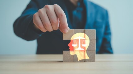 Justice & Mind Conceptual Art with Symbolic Scales Inside Human Head on Wooden Blocks