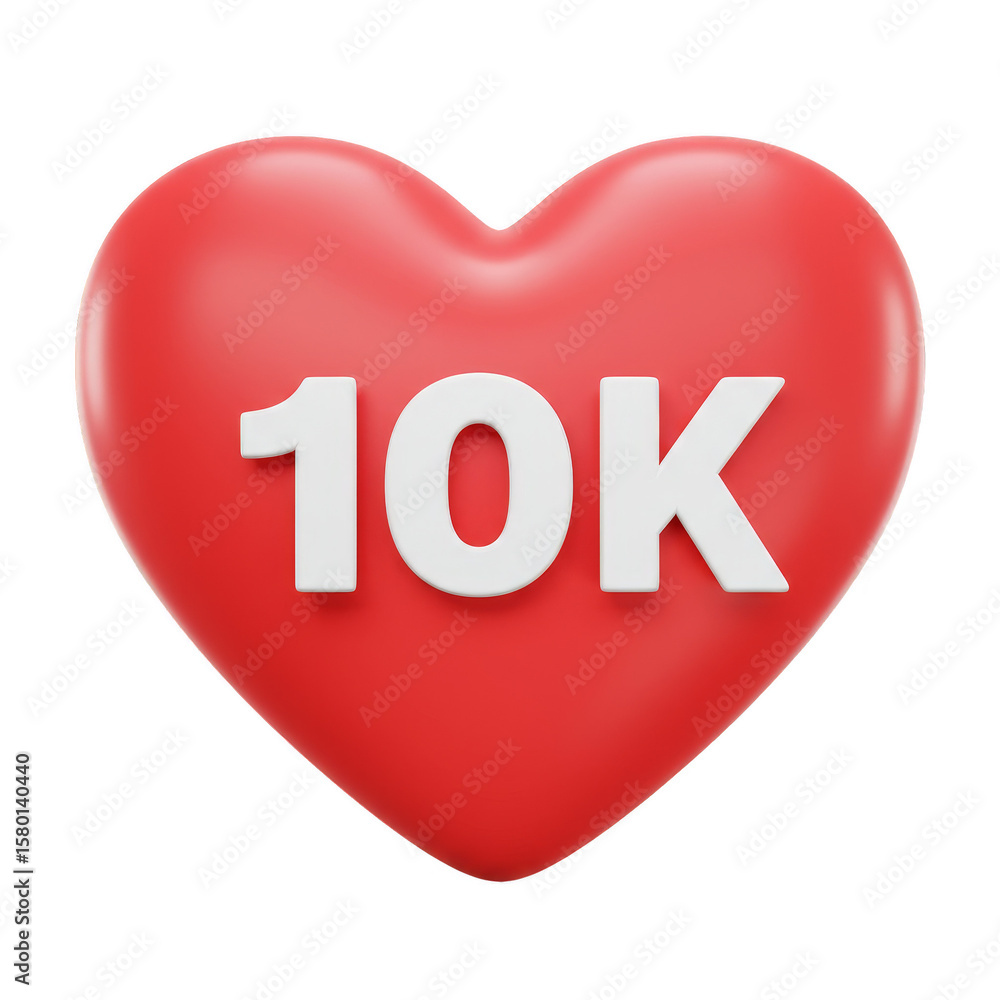 Poster 3d render red heart shape with 10k sign symbol transparent background