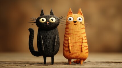 Wooden Stop Frame Animated Cat Puppet Meme: Black and Orange Cats in Surprised Poses, Heartwarming Friendship Illustration
