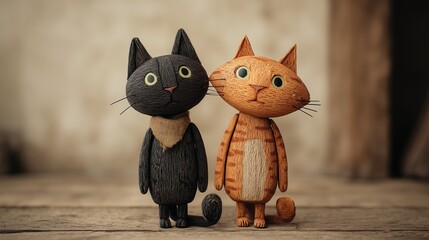 Wooden Stop Frame Animated Cat Puppet Meme: Black and Orange Cats in Surprised Poses, Heartwarming Friendship Illustration
