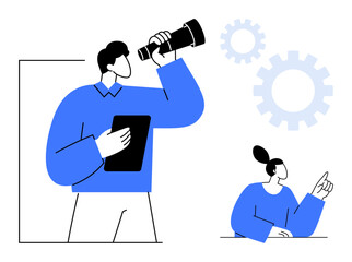 Person holding telescope and tablet, another pointing at gears in background symbolizing teamwork, innovation, and future planning. Ideal for leadership, vision, teamwork, future, innovation