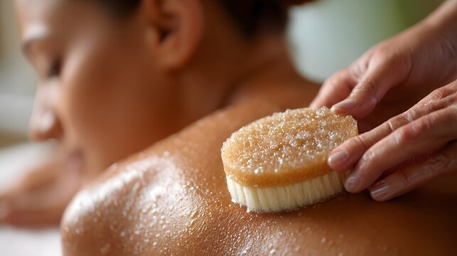Woman receiving a relaxing back scrub treatment in a serene spa environment with soothing ambiance