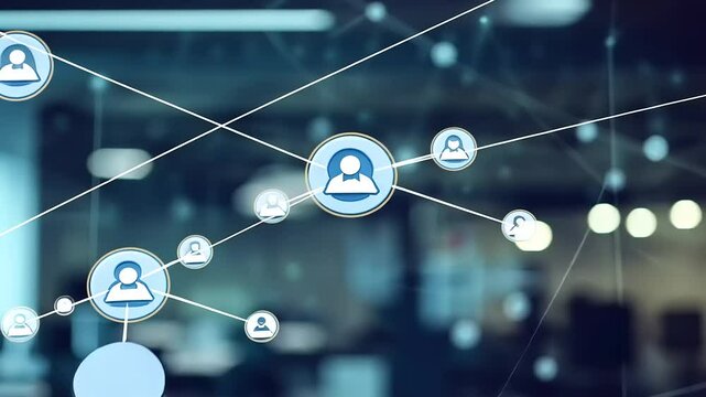 Abstract digital network connections with user icons representing social interaction in a modern office - Powered by Adobe