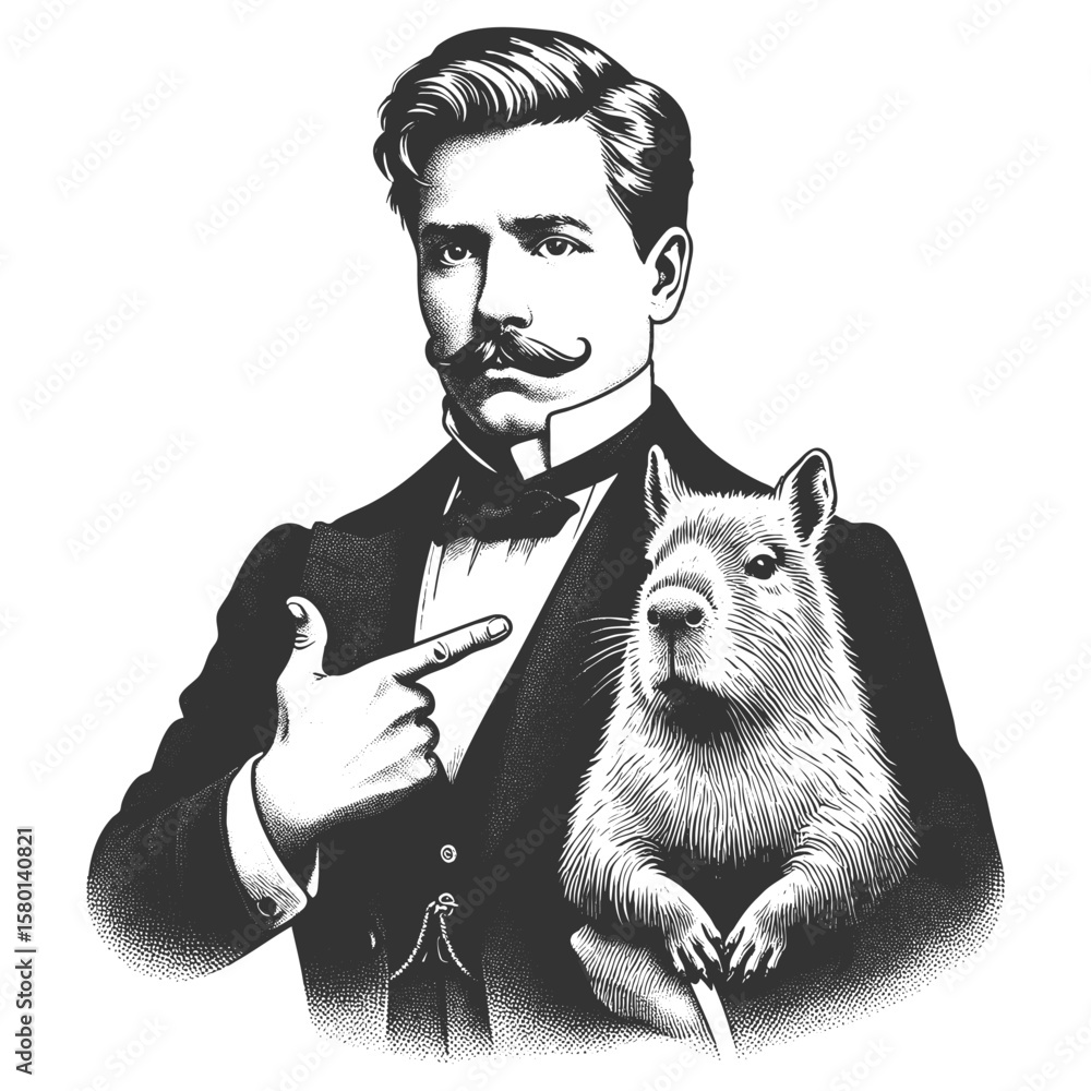 Poster man in a tuxedo holding a calm capybara sketch engraving generative ai fictional character vector il