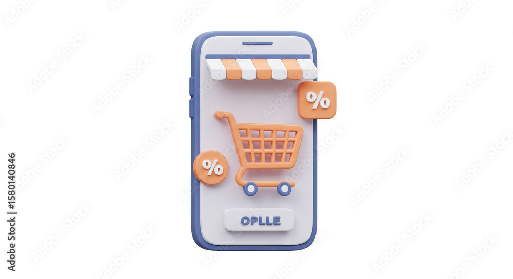Poster 3d render shopping cart app on mobile phone transparent background