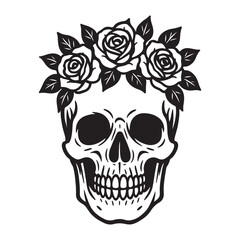 Fototapeta premium Elegant, vibrant retro-styled traditional tattoo art print Human skull silhouette in black and white, crowned with roses and leaves.