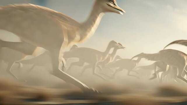 ultra-realistic wide shot of a herd of Gallimimus stampeding across an open plain, kicking up dust, sense of immense speed and movement, captured with a motion blur effect, cinematic