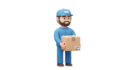 3d Render Illustration of Delivery Man Holding Package on Transparent Background