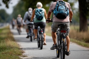 A diverse group of individuals is riding bicycles along a path